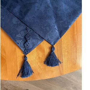 Blue Table Runner Jacquard Tablecloth Floral Tassel Wedding Party Decor Retro